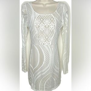 Lac Blue Juniors Lace Sheath Dress L White Knee Length Long Sleeves Lined